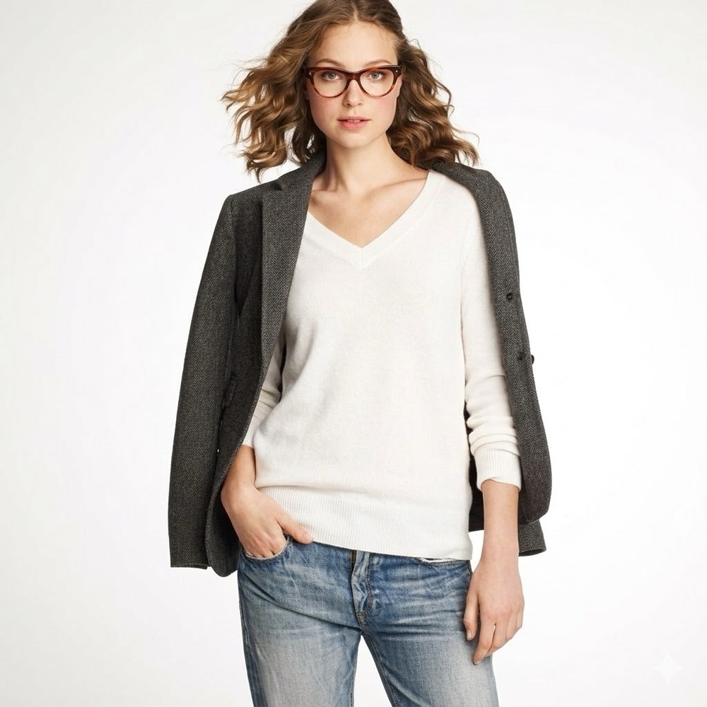 J. Crew 100% Cashmere V-Neck Sweater in Snow White